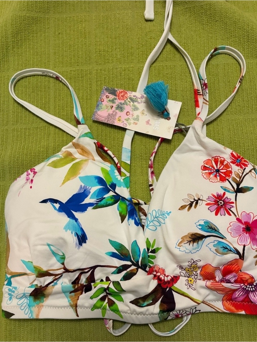 Johnny Was White Floral Bikini Top with Coral & Teal Accents